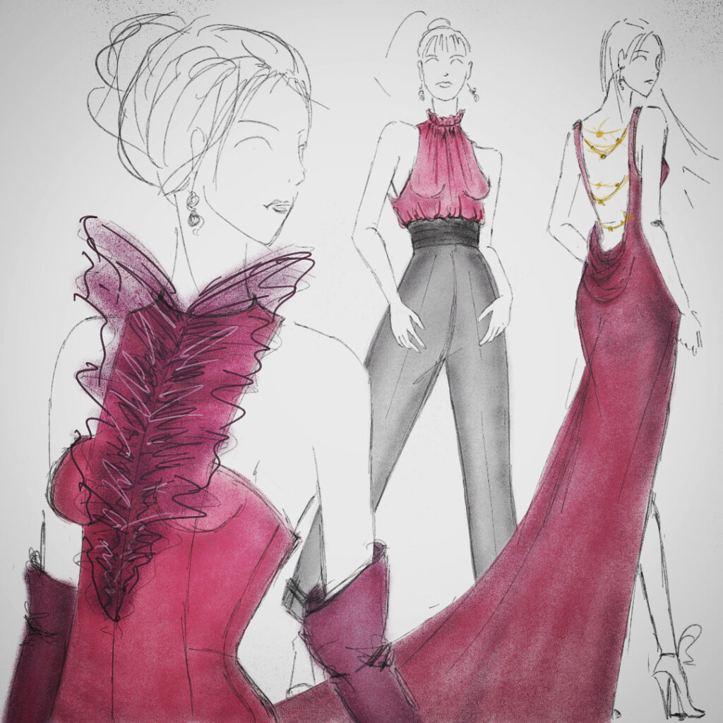 Fashion Illustration of 3 women in couture outfits by LanzEvan