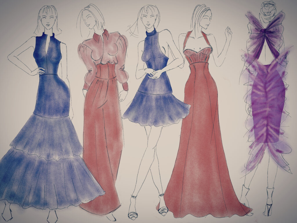Fashion Illustration of 5 women blue red and pink 
by LanzEvan