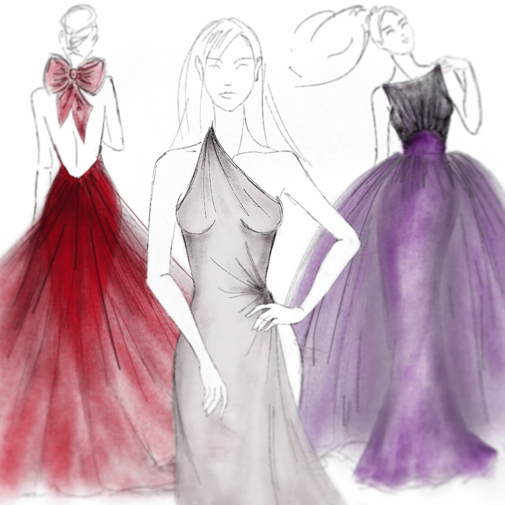 Fashion illustration of 3 women in gowns by LanzEvan
